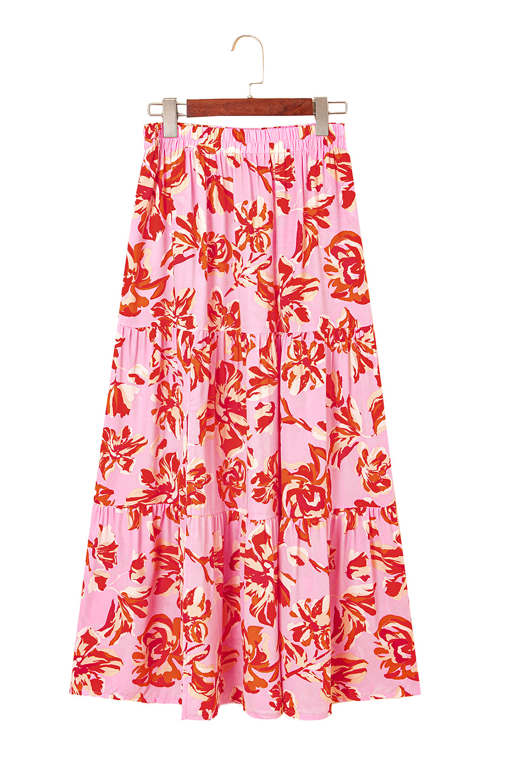 Orange Bohemian Floral Print Tiered Maxi Skirt with Split