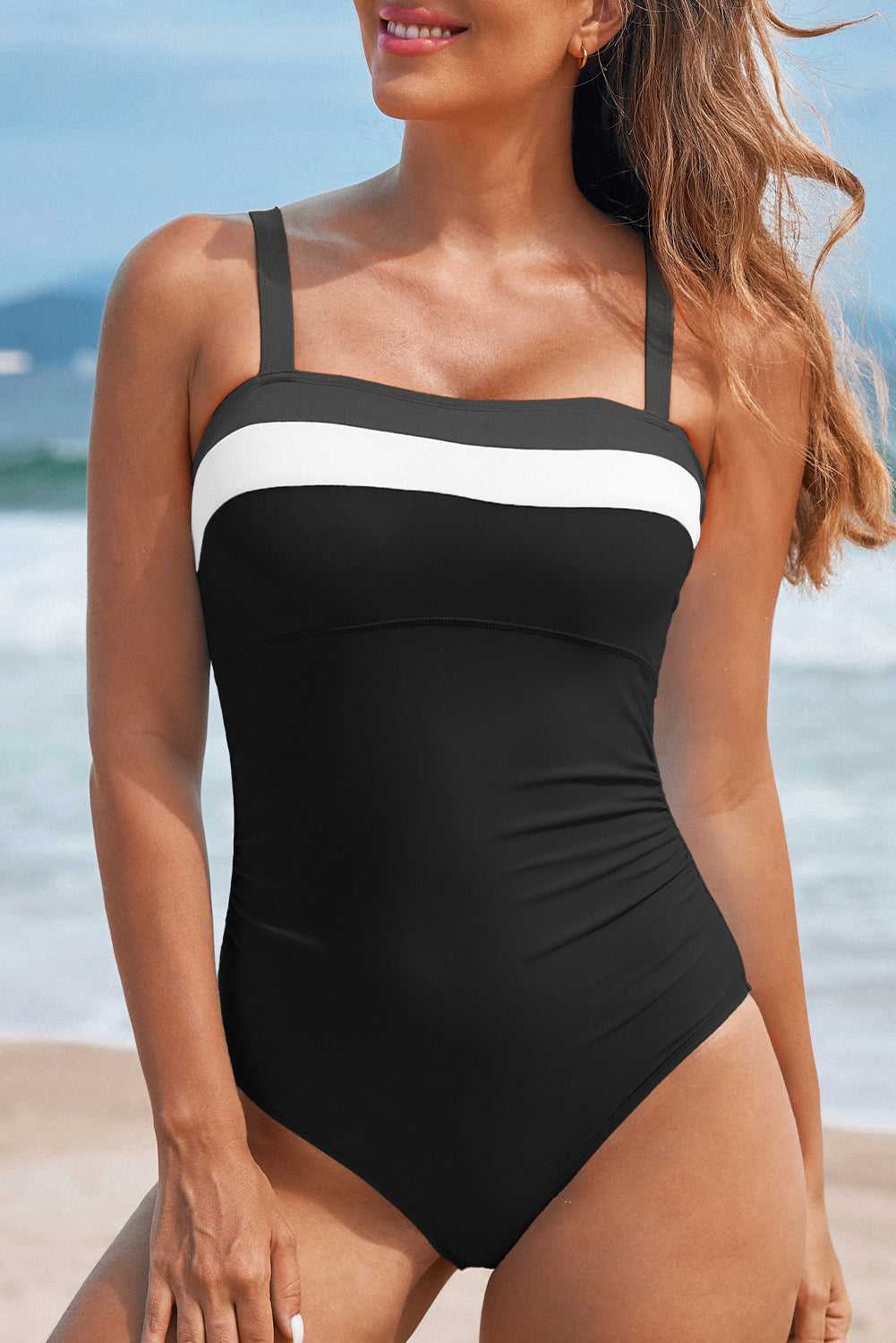 Navy Blue Color Block Detail Adjustable Straps One Piece Swimsuit