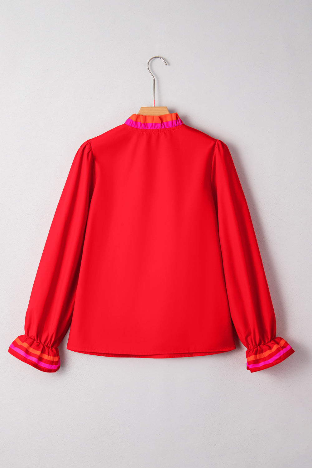 Four Leaf Clover Striped Trim Ruffle Split Neck Long Sleeve Blouse