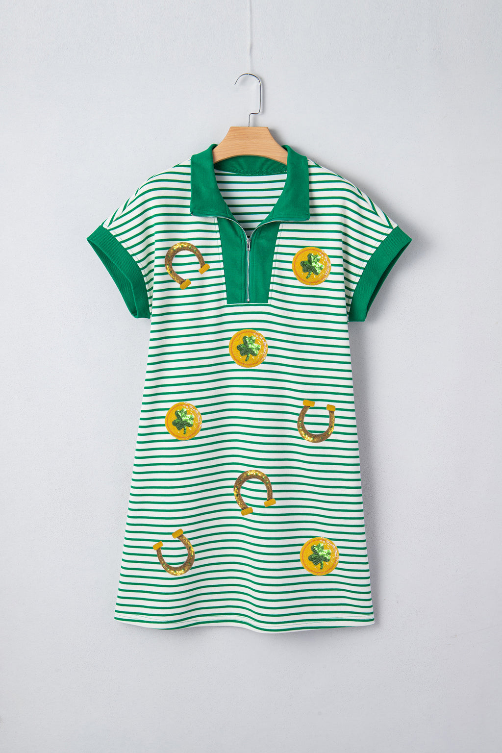 Green Stripe Magic St Patricks Day Sequin Graphic Zip Polo Tee Dress