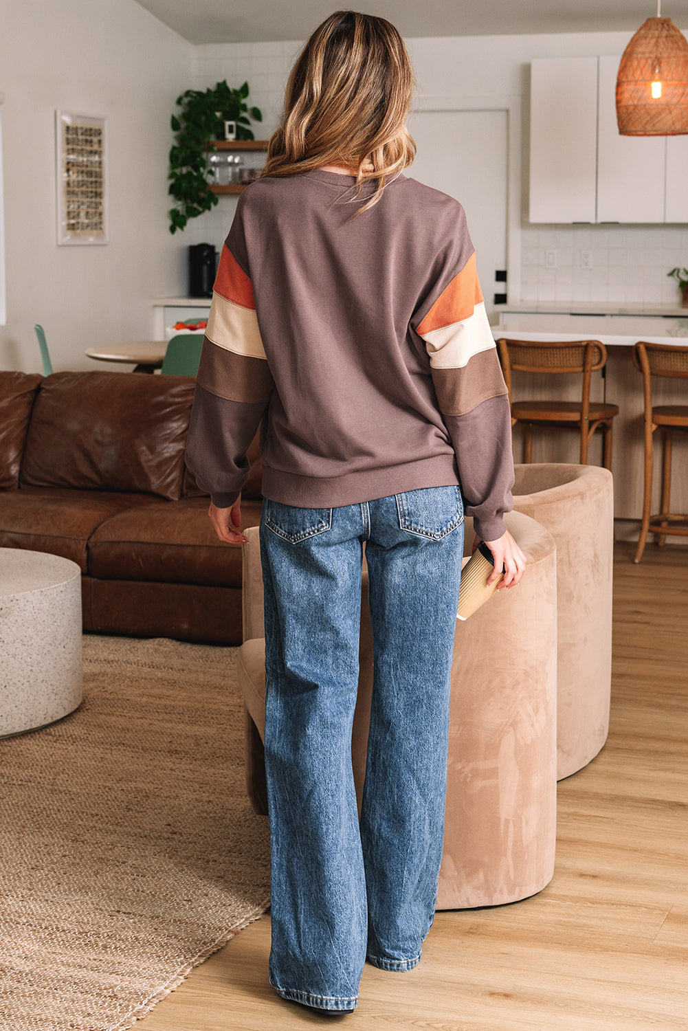 Dark Khaki Color Block Patchwork Sequin Bow Pumpkin Graphic Sweatshirt