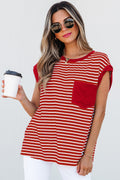 Red Stripe Chest Pocket Patch Round Neck Tank Top