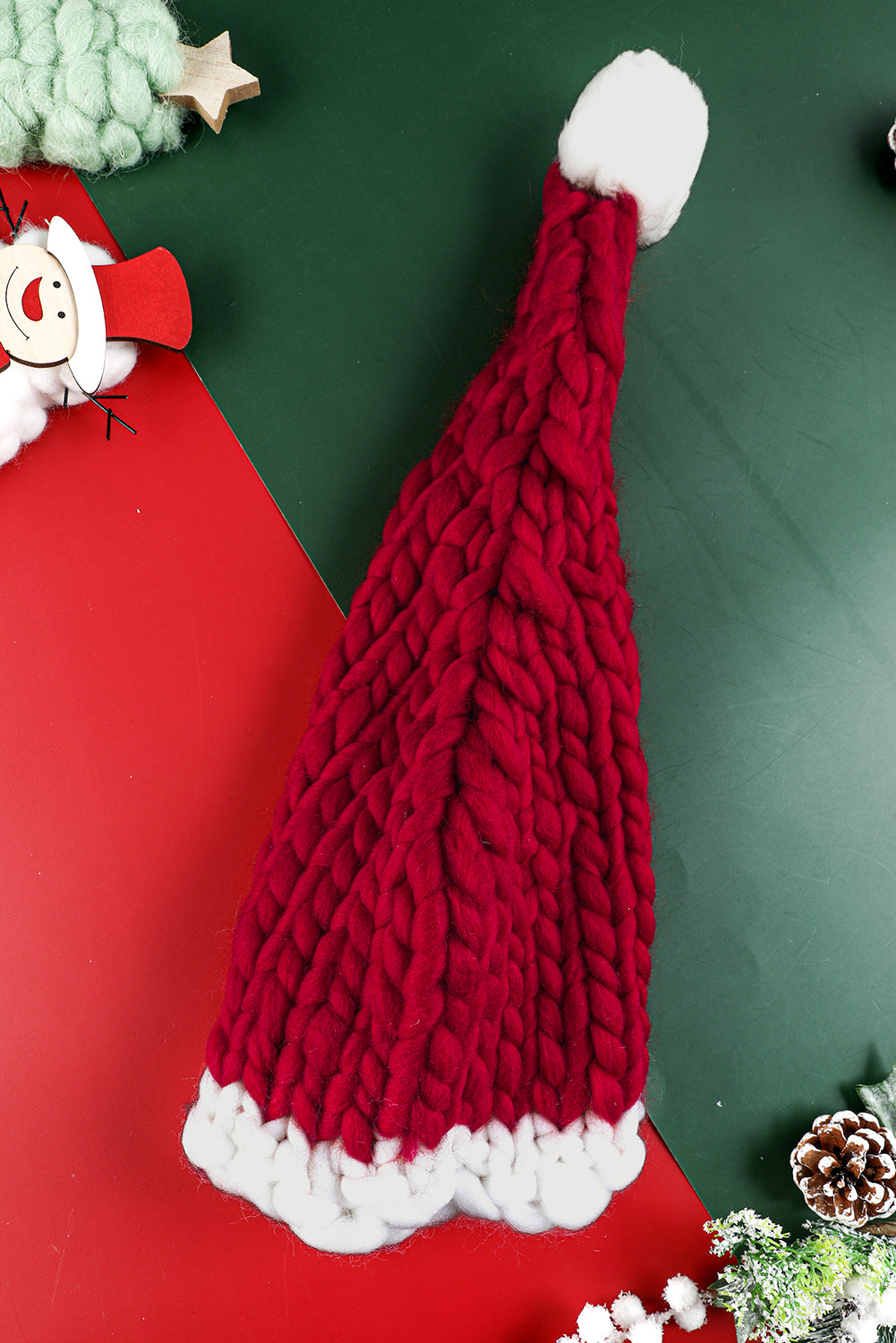 Dearlove Red Dahlia Color Block Pom Pom Decor Chunky Knitted Christmas Hat