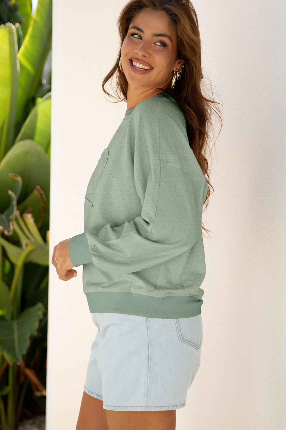 Beige Raw Edge Flower Patch Drop Shoulder Casual Top