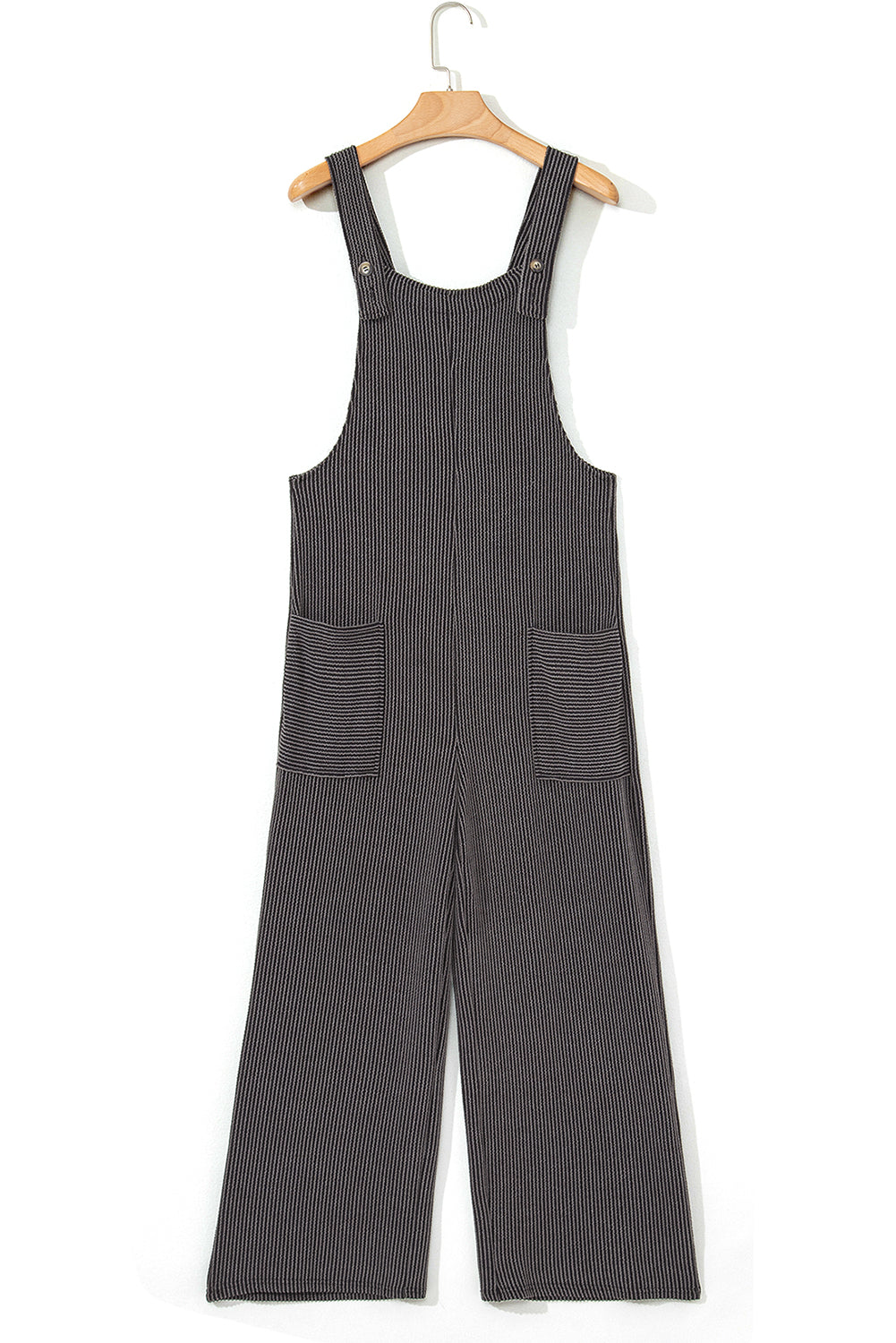 Dark Grey Ribbed Knit Patched Pocket Wide Leg Overalls