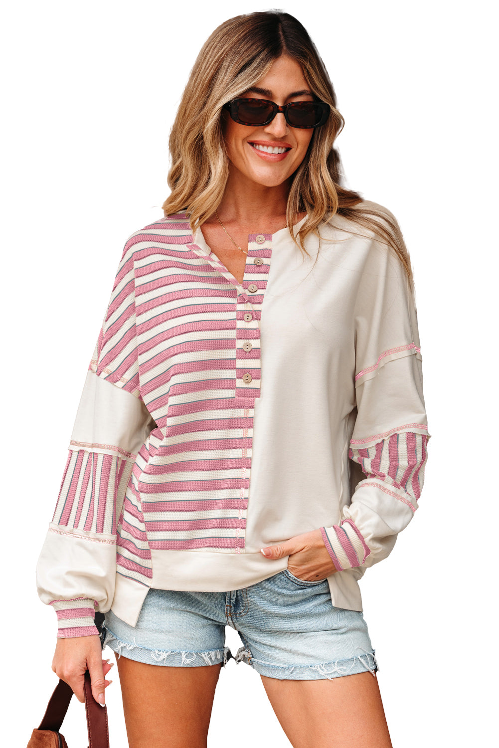 Khaki Stripe Stitched Detail Color Block Patchwork Oversized Pullover Top