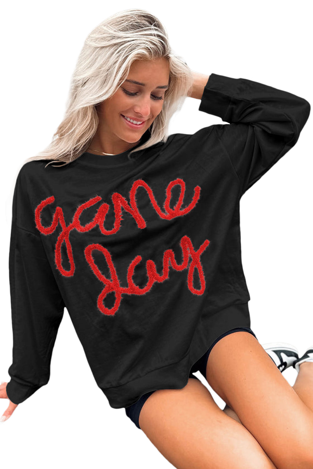 Russet Orange Tinsel Game Day Drop Shoulder Graphic Sweatshirt