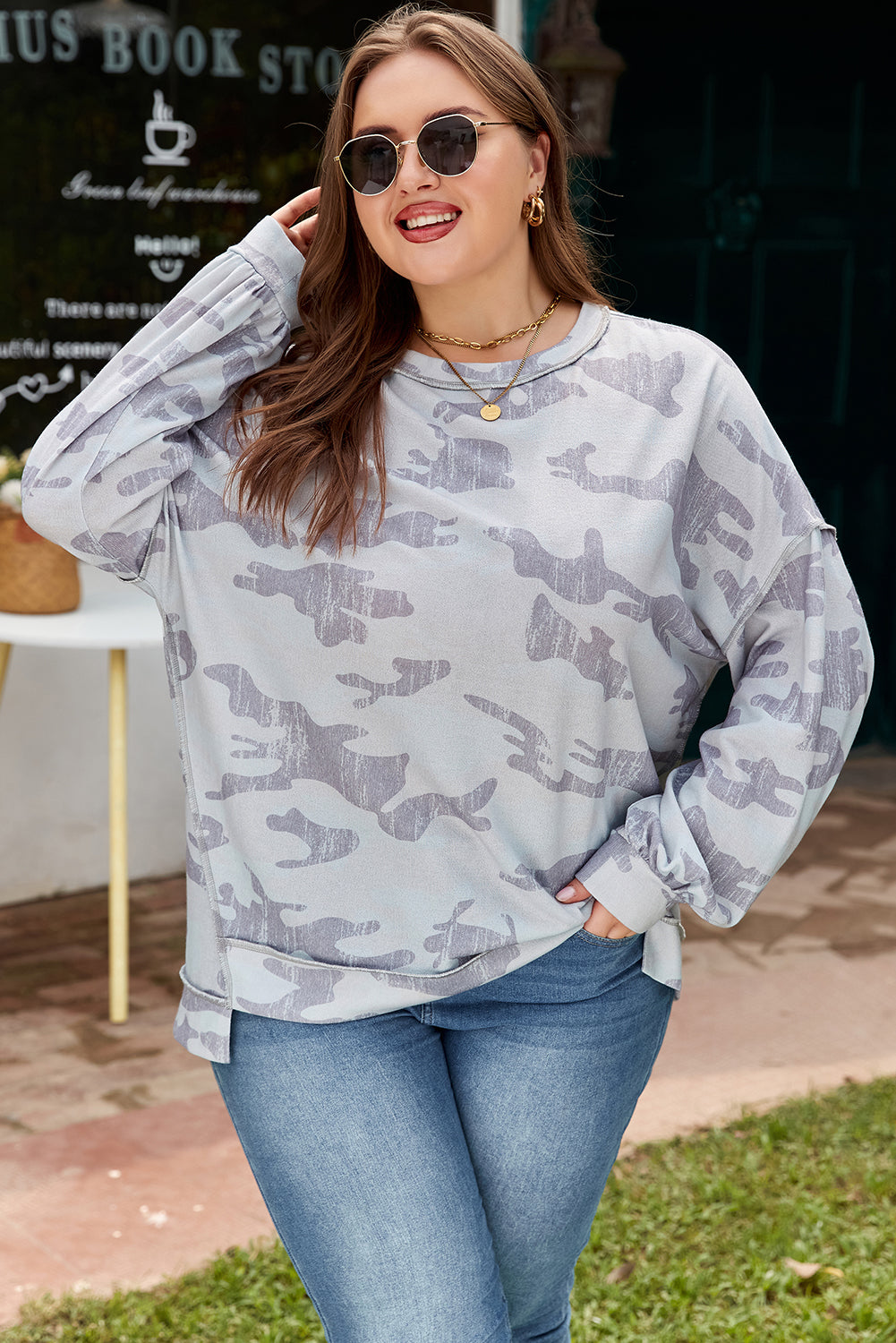 Dearlove Multicolour Retro Camouflage Print Exposed Seam Patchwork Drop Shoulder Sweatshirt