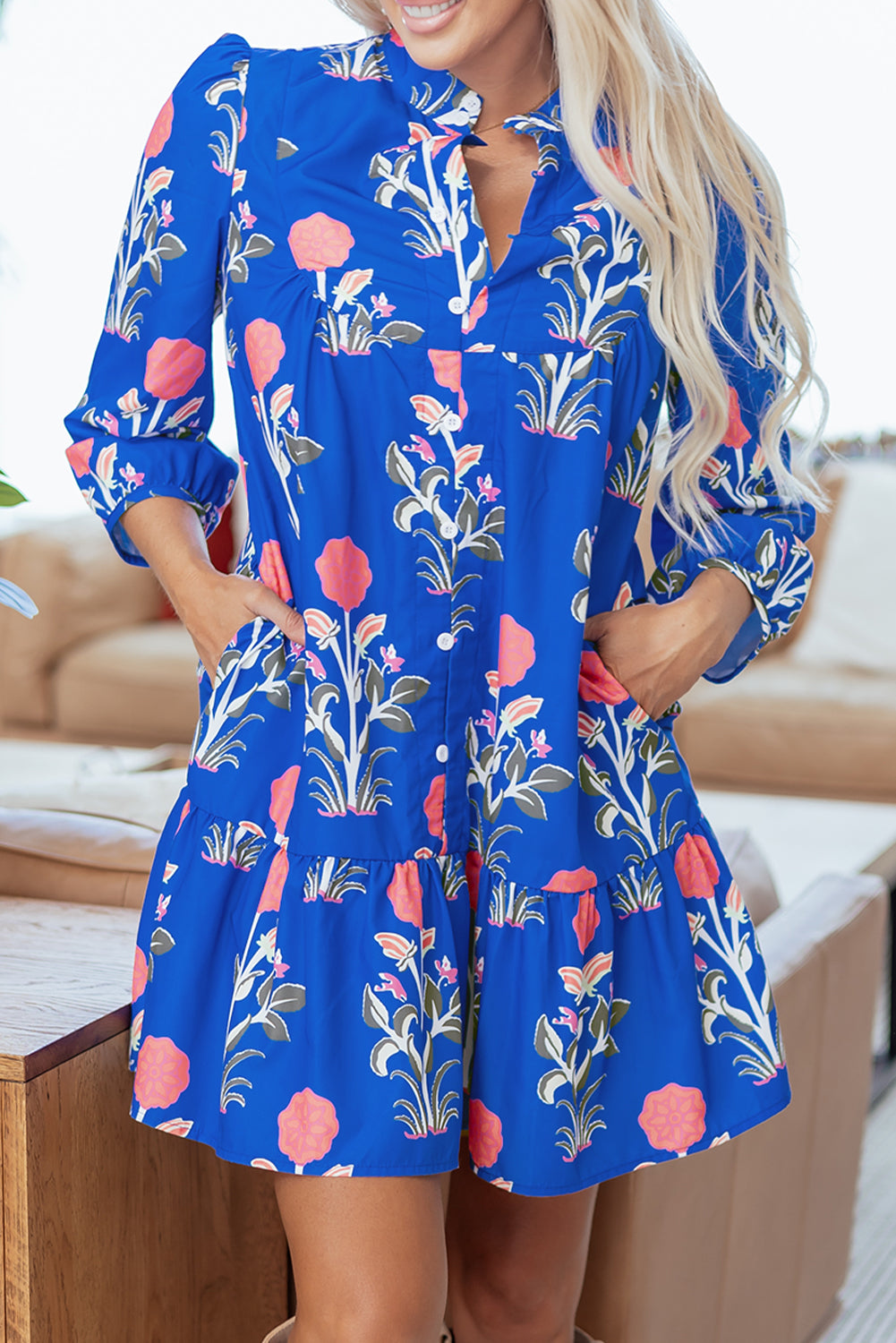 White Floral Puff Short Sleeve V Neck High Waist Maxi Dress