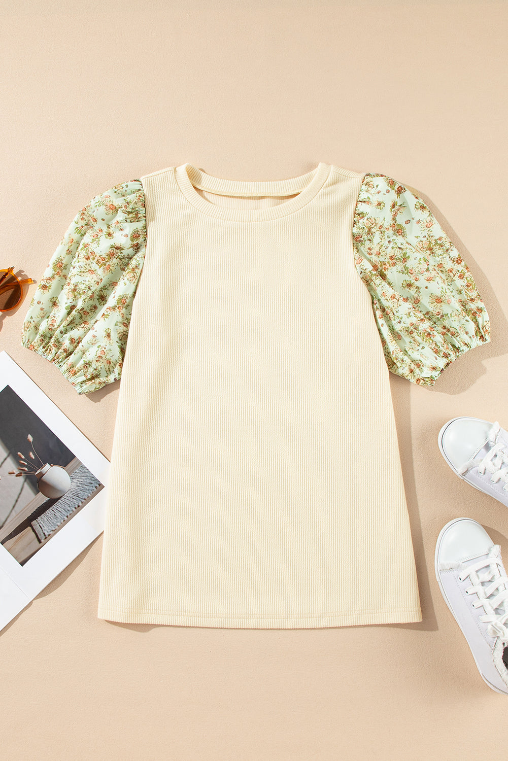 Beige Contrast Floral Bubble Sleeve Patchwork Ribbed Top