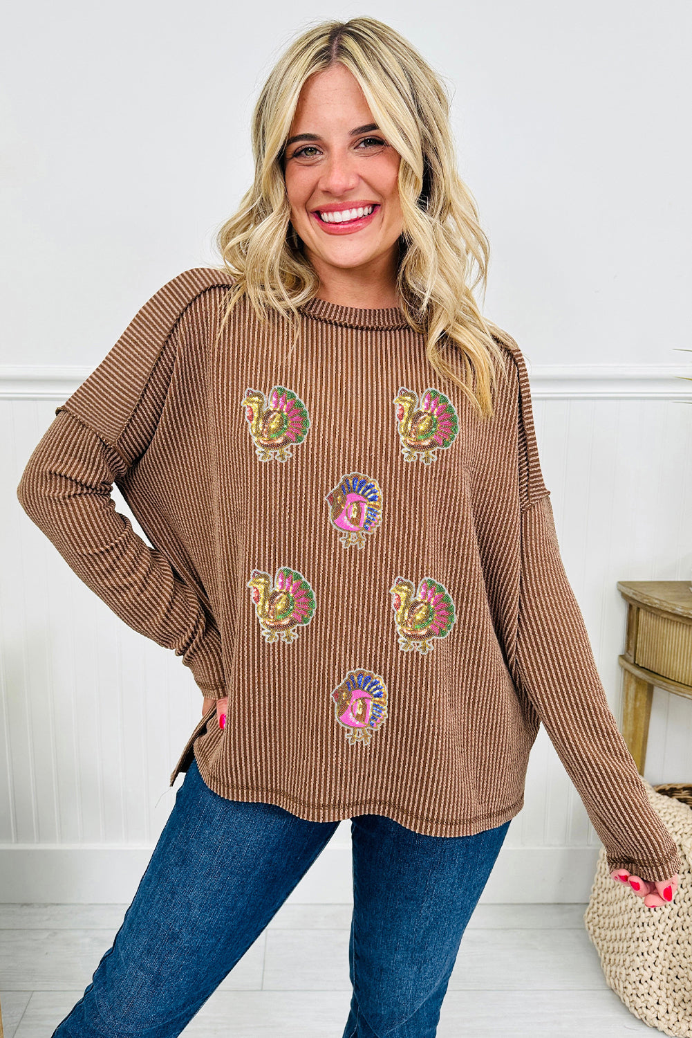 Dark Khaki Sequin Thanksgiving Turkey Patched Twisted Ribbed Exposed Seam Drop Shoulder Top