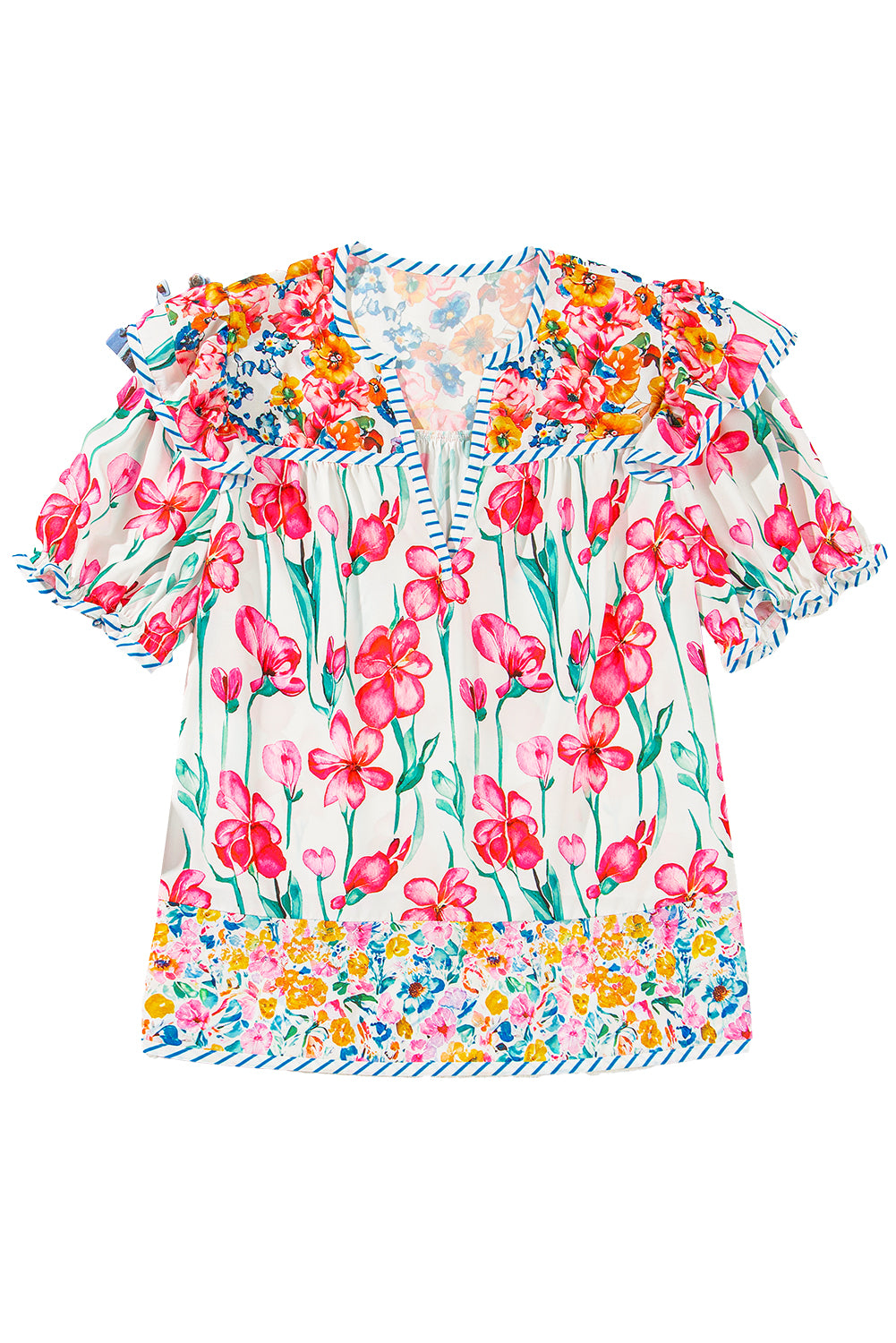 Pink Plus Size Floral Print Striped Trim V Neck Blouse