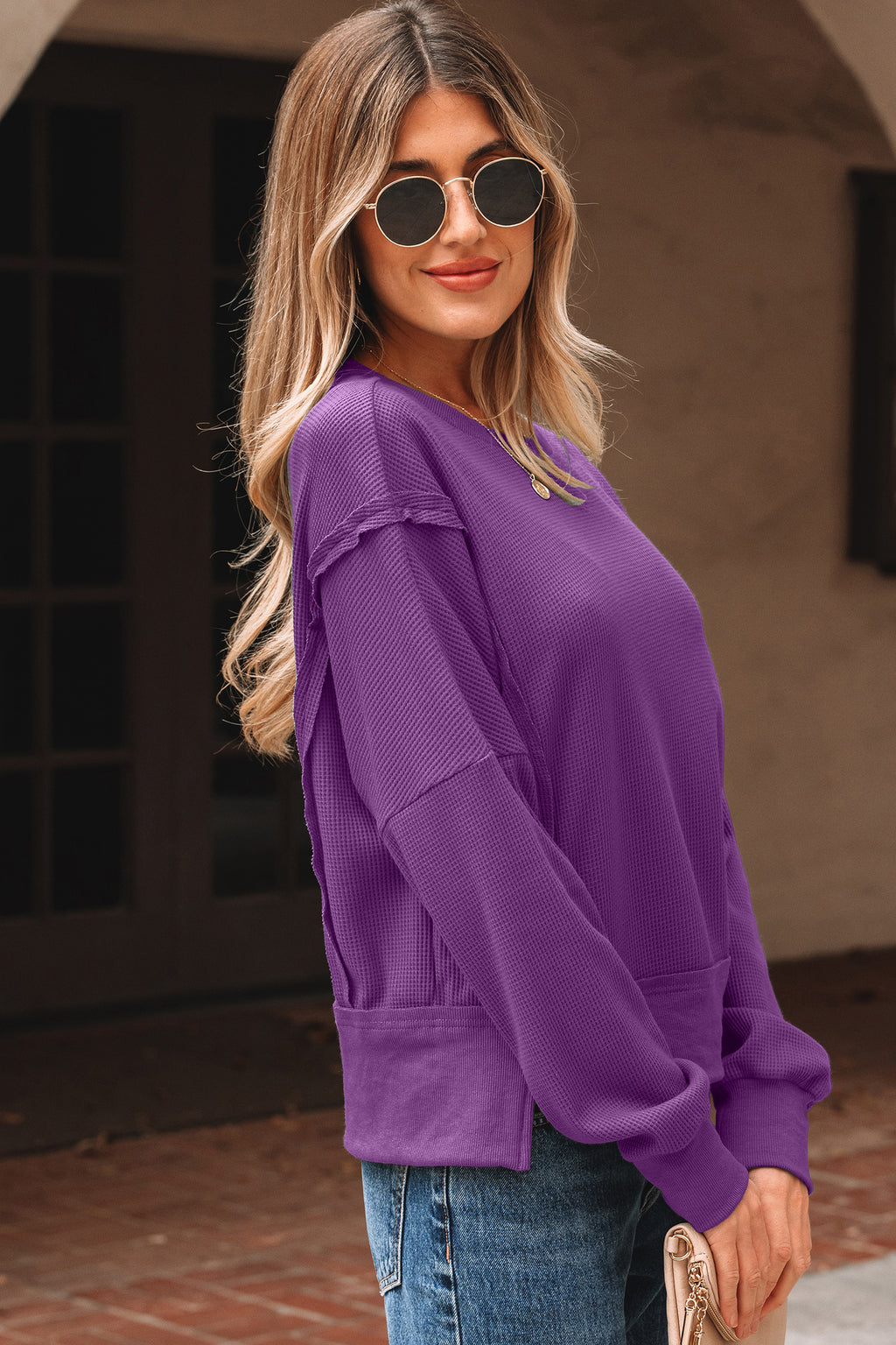 Evergreen Solid Color Raw Seam Patchwork Textured Drop Shoulder Sweatshirt