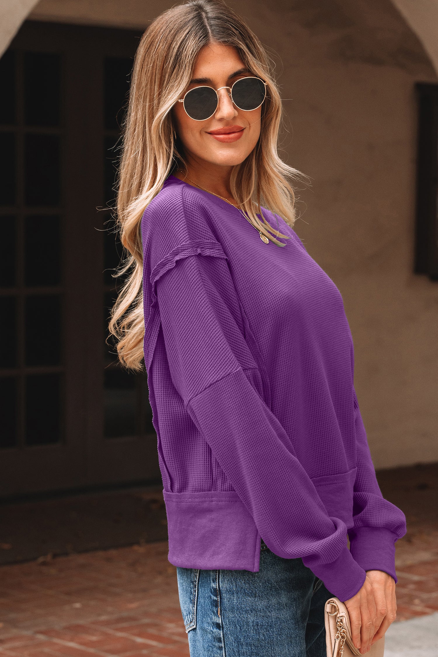 Evergreen Solid Color Raw Seam Patchwork Textured Drop Shoulder Sweatshirt
