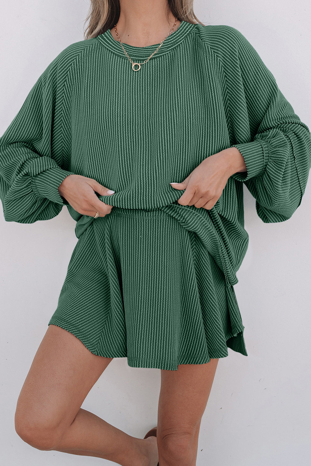 Jet Stream Corded Lantern Sleeve Top High Waist Ruffled Mini Skort Set