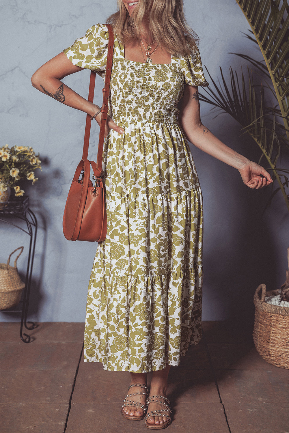 Yellow Boho Floral Square Neck Smocked Bust Puff Sleeve Tiered Long Dress