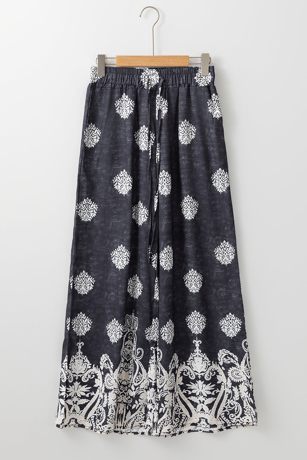 Black Plus Size Geometric Ethnic Print Drawstring Wide Leg Pants