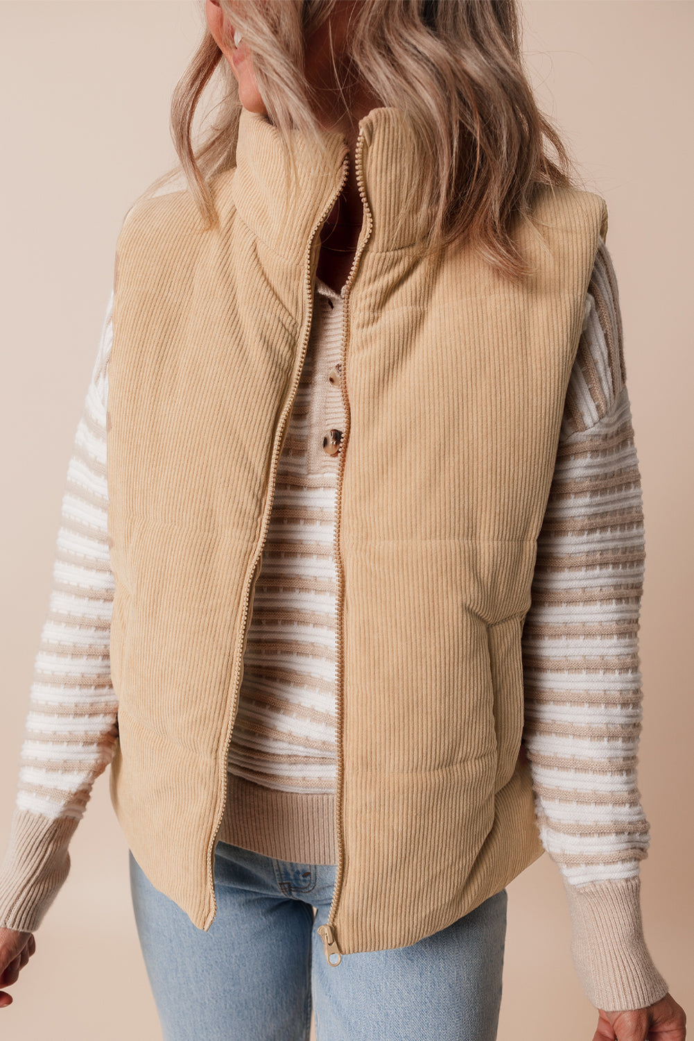 Beige Corduroy Stand Neck Zipped Puffer Vest
