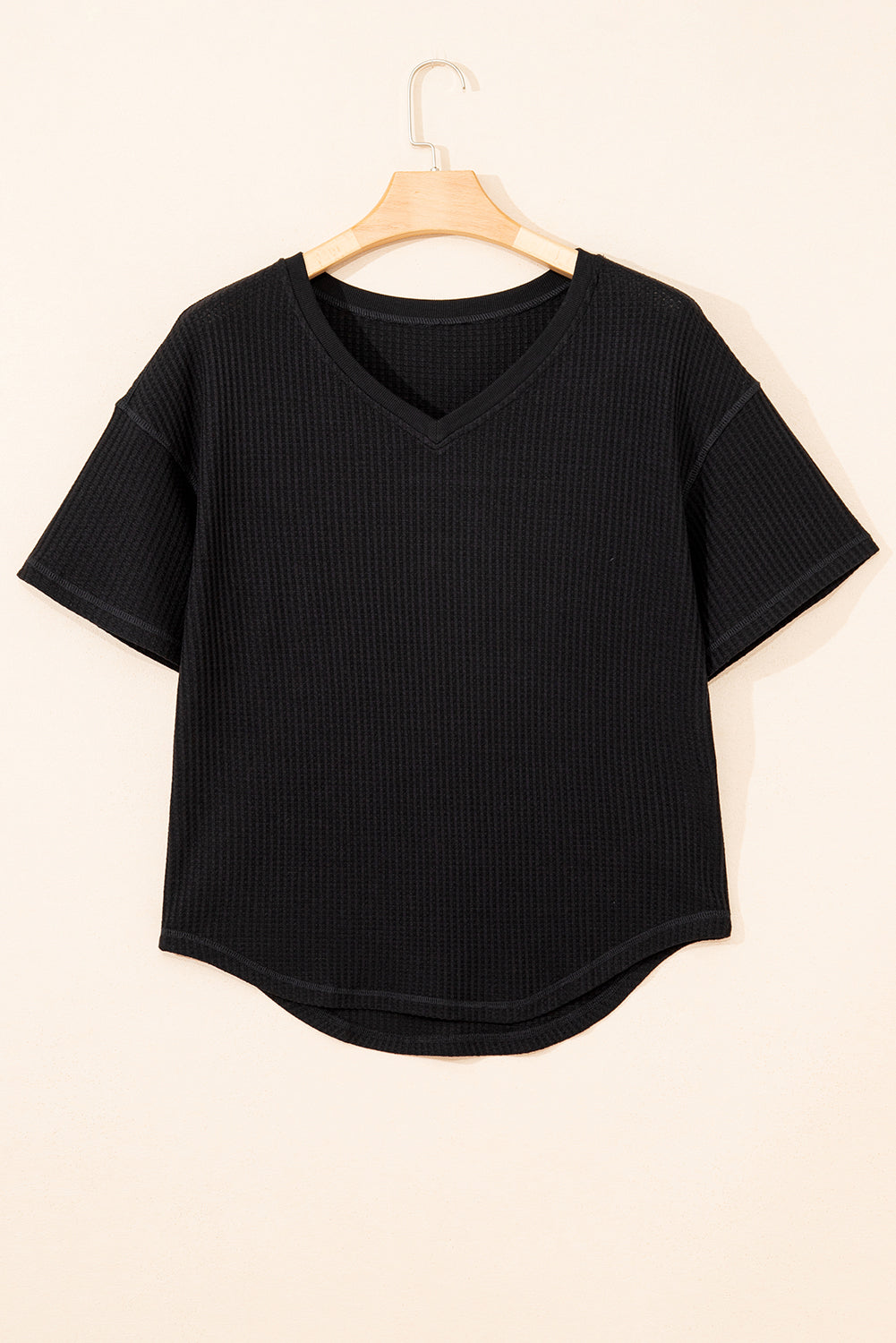 Black Waffle Texture Ribbed V Neck Drop Shoulder Loose Tee