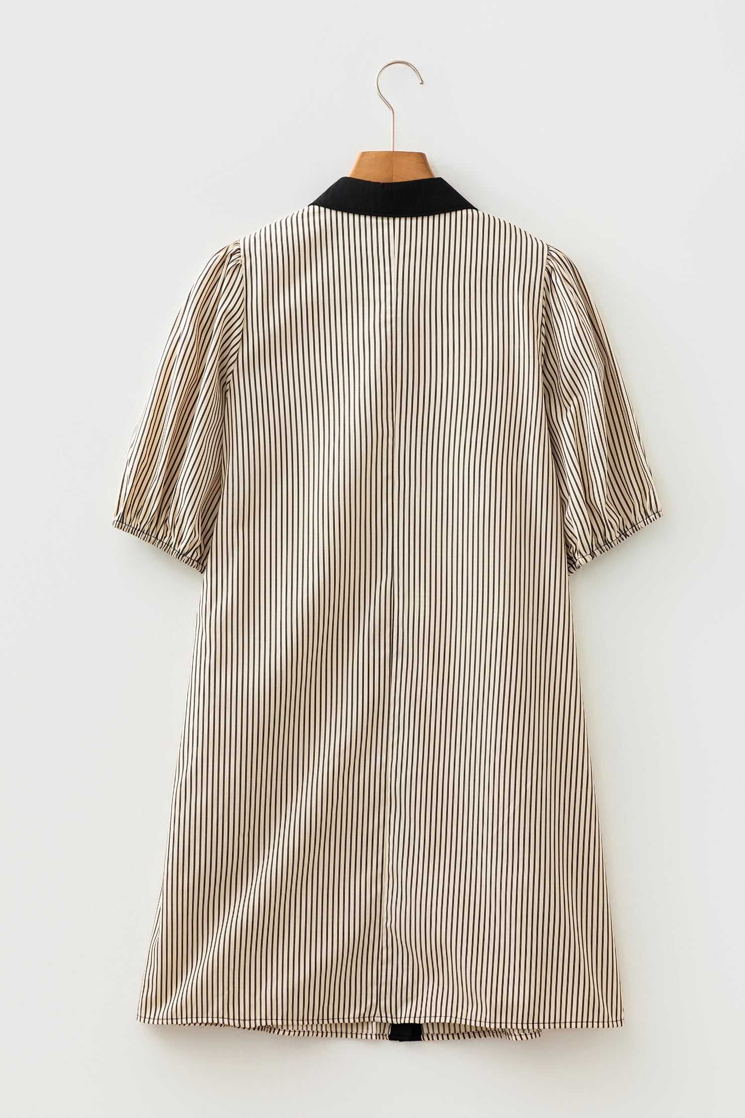 Black Stripe Color Block Patchwork Shirt Collar Button Down Puff Sleeve Mini Dress