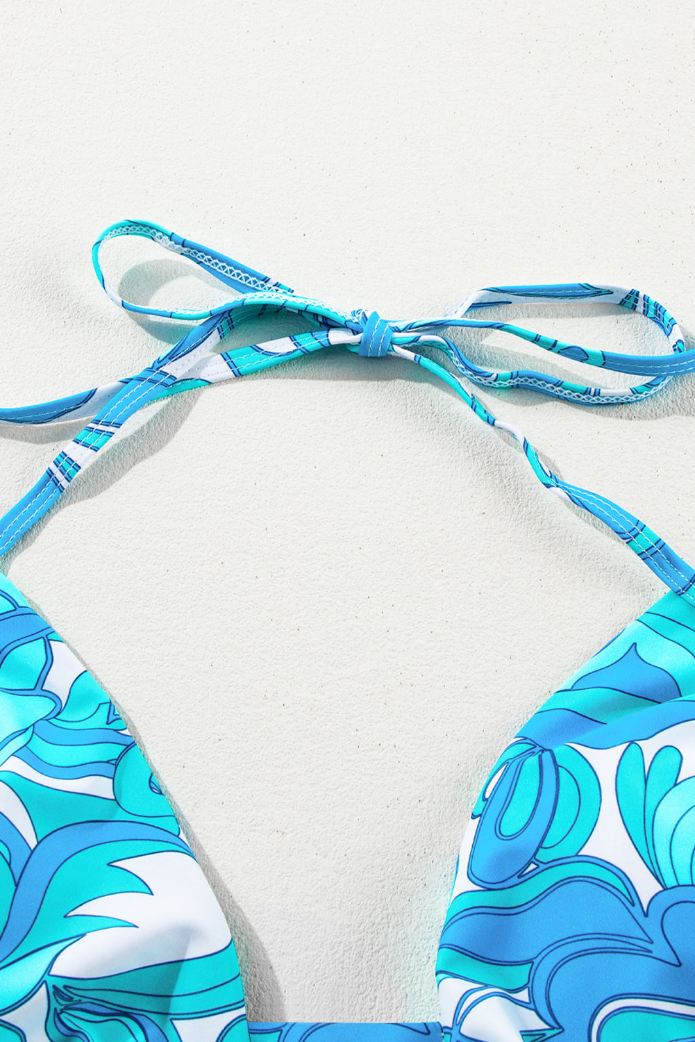 Sky Blue Floral Crossover Tie Back Halter Bikini with Swim Bottoms