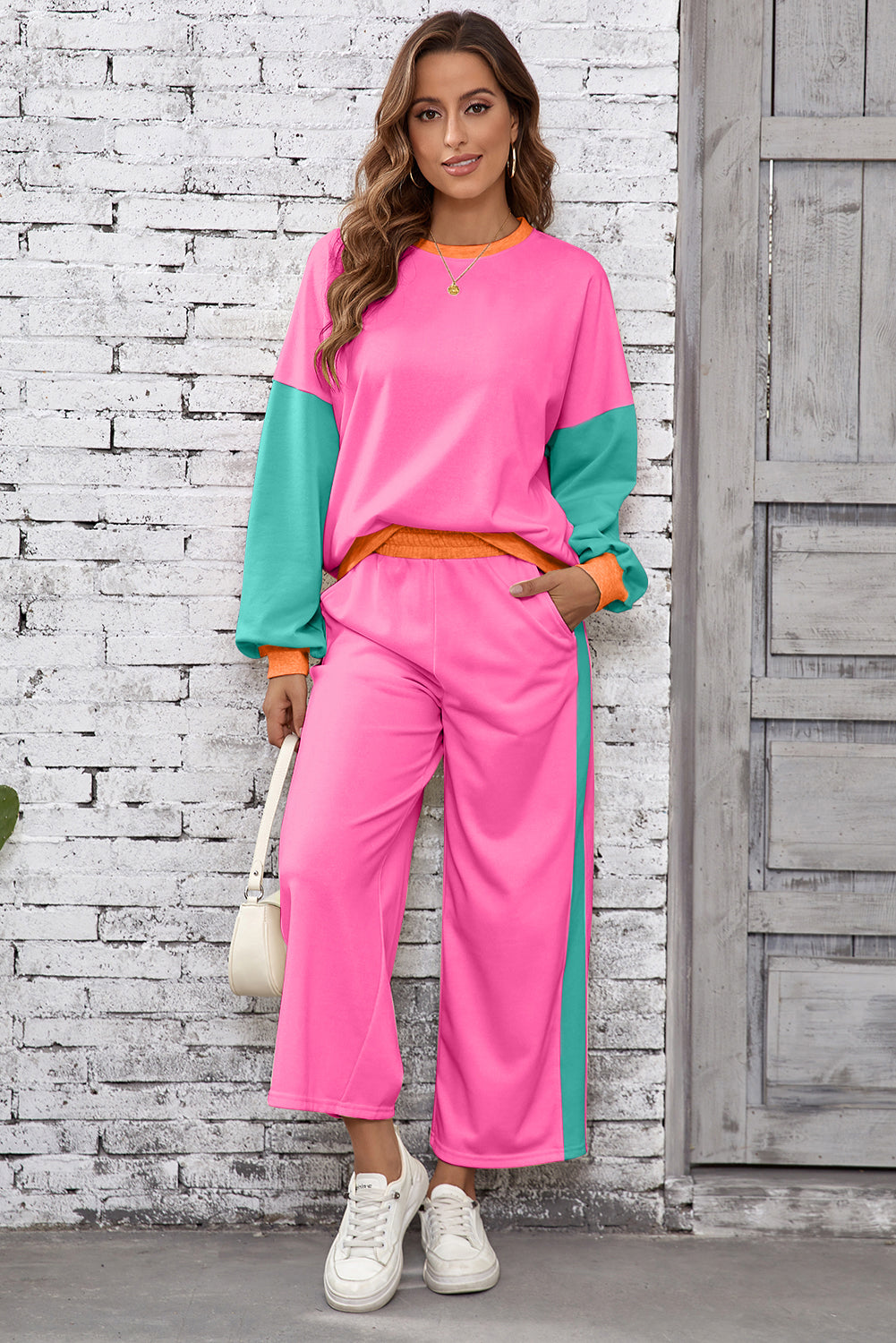 Apricot 2pcs Color Block Pullover Loose Pant Set