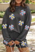 Carbon Grey Colorful Sequin Bow Patched Long Sleeve Top and Shorts Twisted Rib 2pcs Outfit
