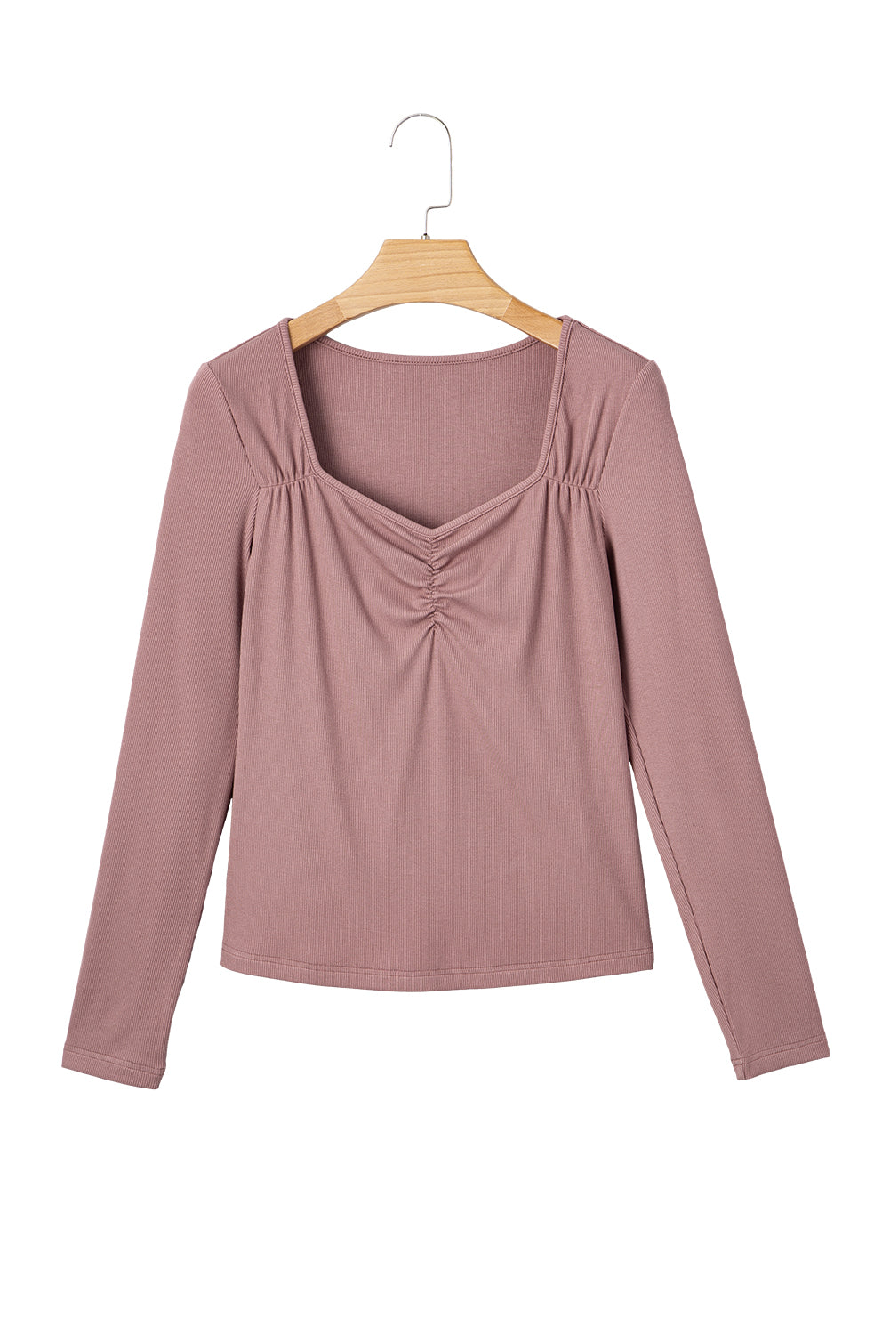 Burgundy Gathered Bust Square Neck Ribbed Fit Long Sleeve Top