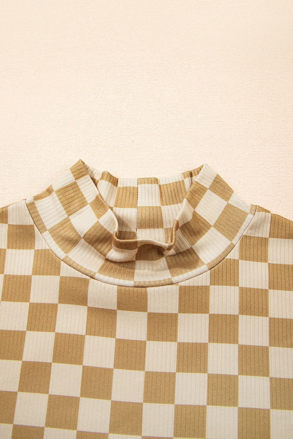 Khaki Check Pattern Turtleneck Ribbed Slim Long Sleeve Tee