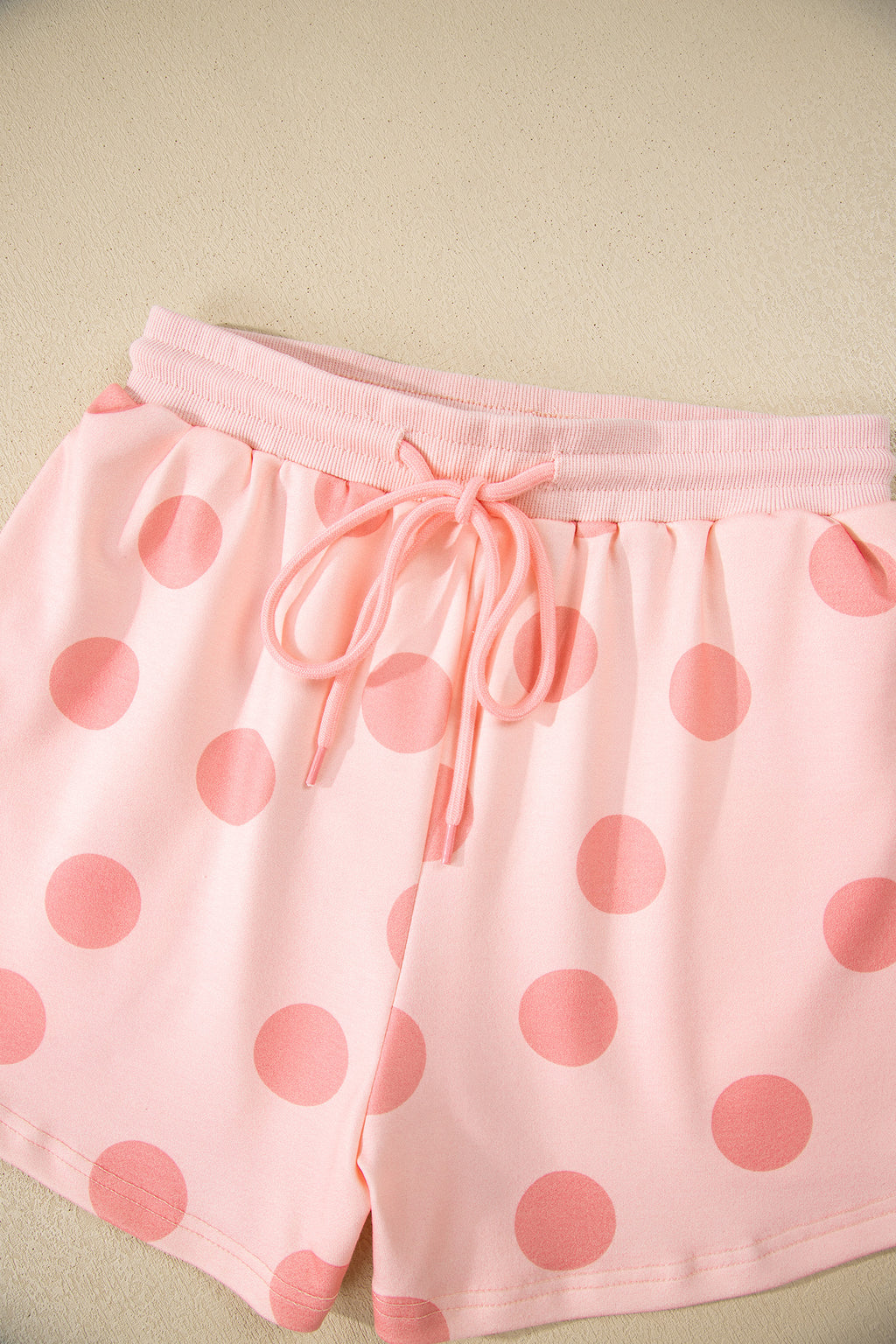 Beige Polka Dot Print Drop Shoulder Pullover Drawstring Jogger Pant Set