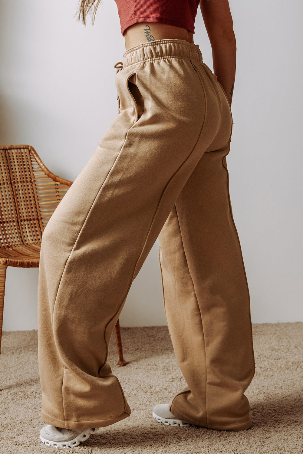 Smoke Gray Exposed Seam Drawstring Elastic Waistband Wide Leg Pants