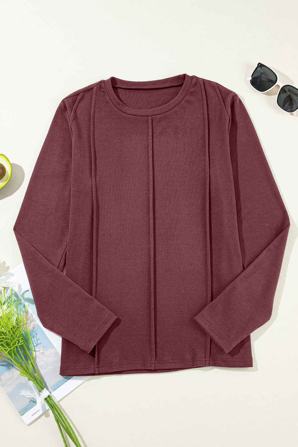 Chicory Coffee Solid Exposed Seam Crew Neck Long Sleeve Top