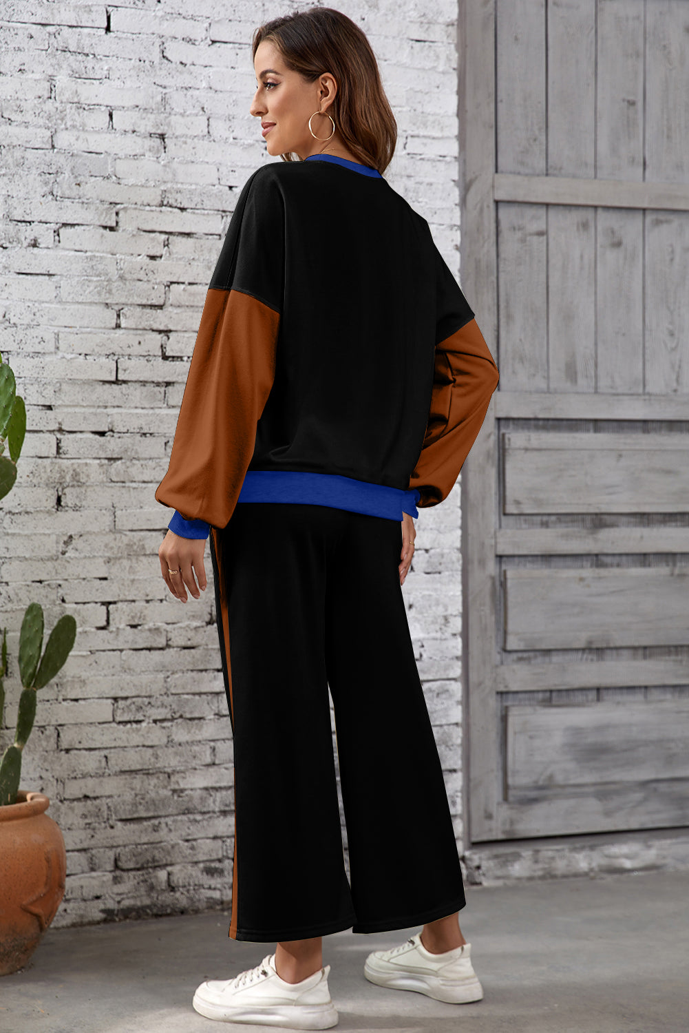 Apricot 2pcs Color Block Pullover Loose Pant Set
