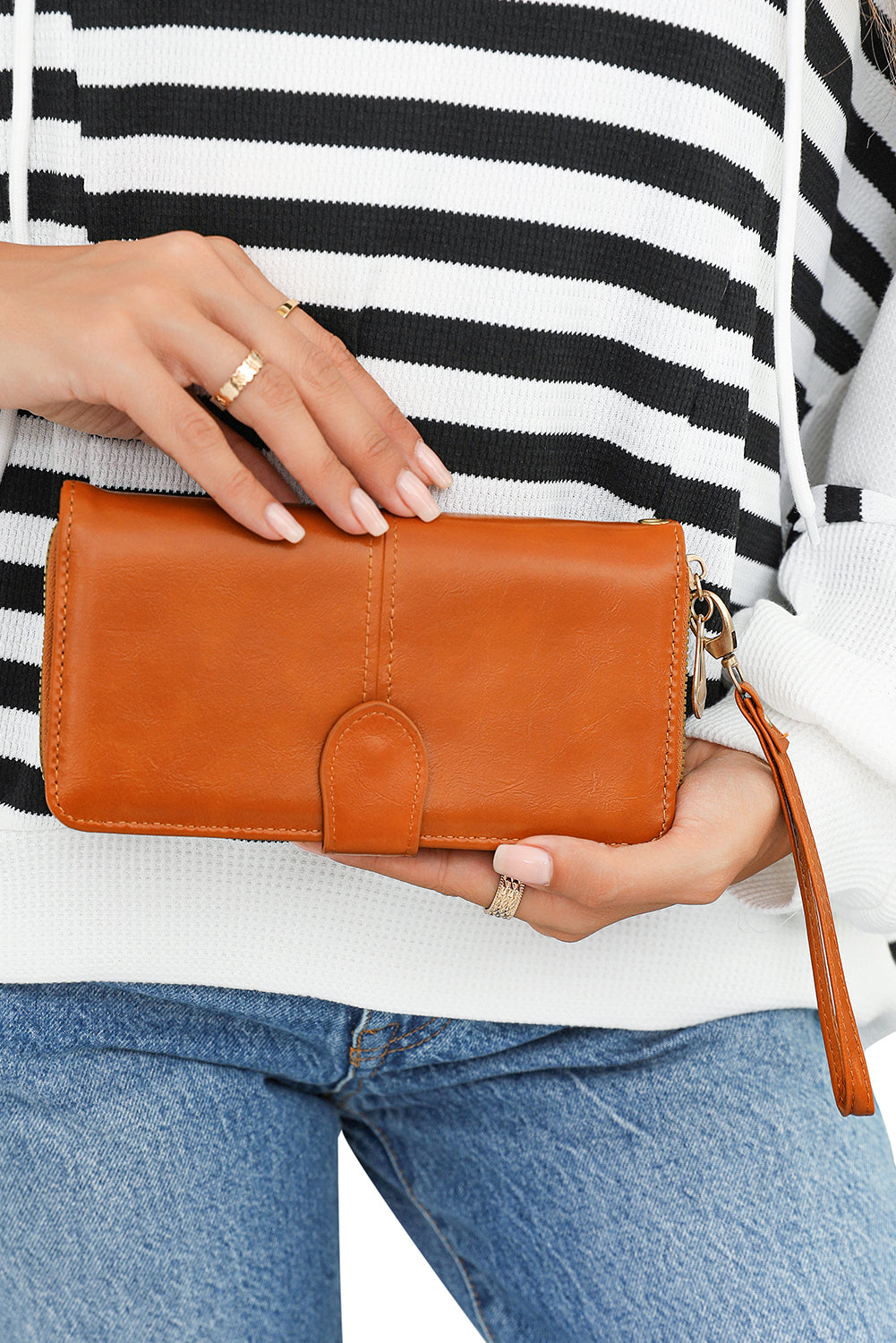Cinnamon Faux Leather Zip Around Wrist Strap Long Wallet