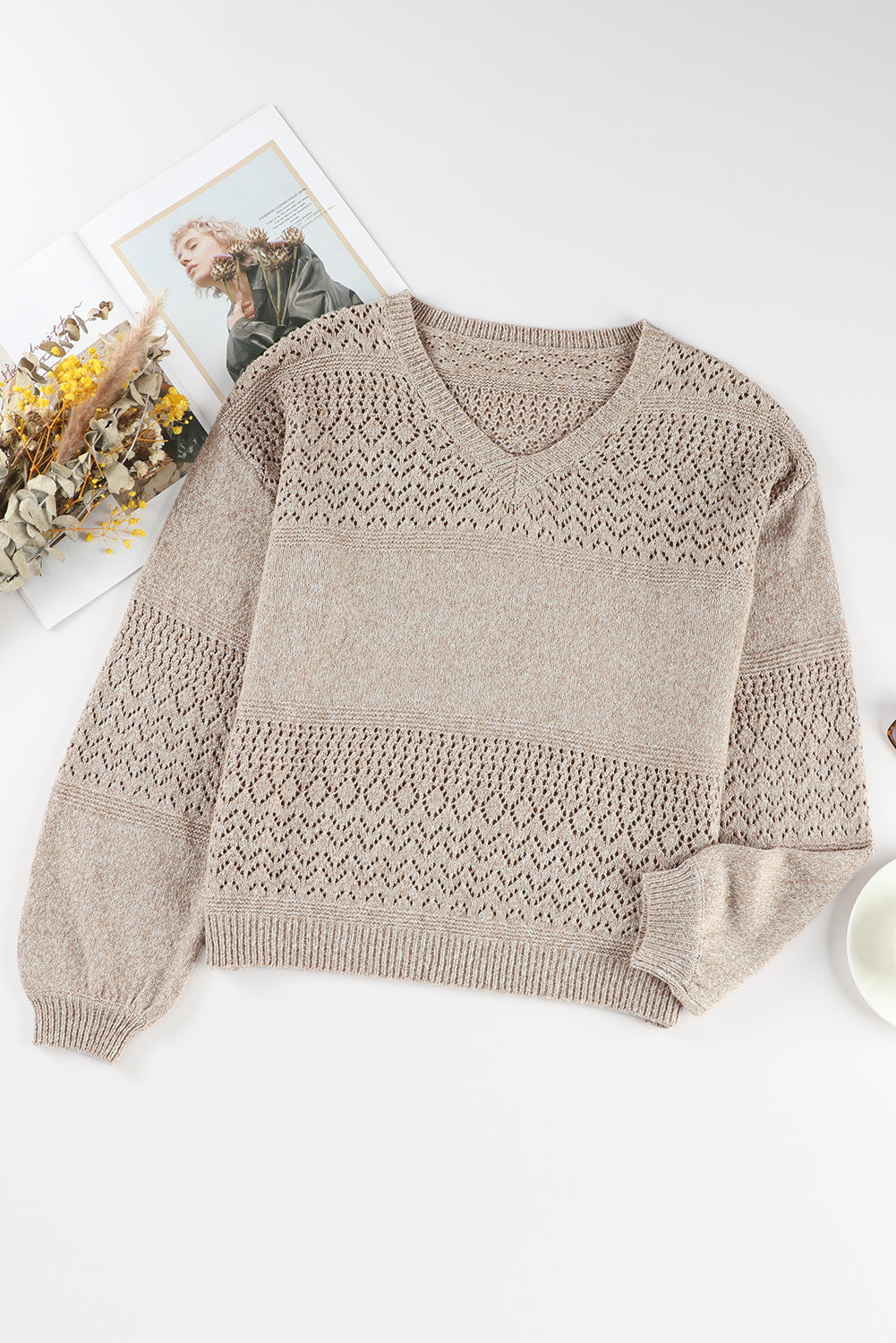 Sky Blue Eyelet Pattern Detail V Neck Drop Shoulder Sweater