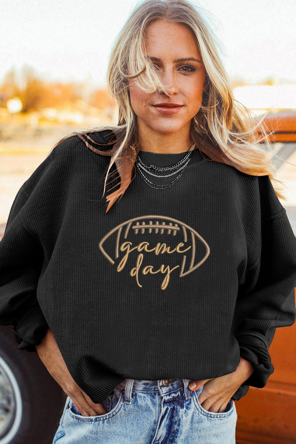 Apricot Rugby Game Day Embroidered Corduroy Sweatshirt
