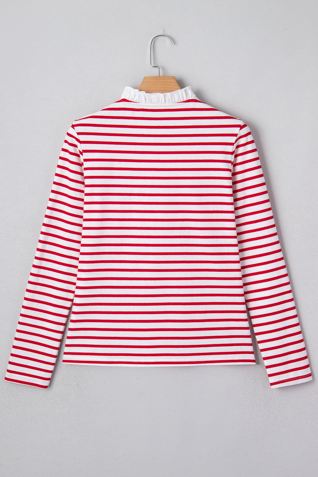 Red Stripe Contrast Frilled Trim Half Button Long Sleeve Top