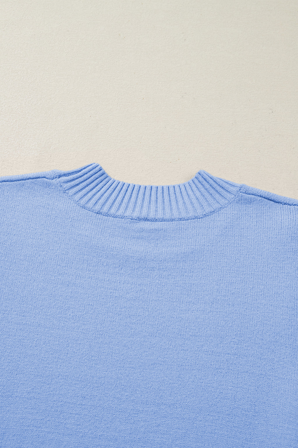Beau Blue Solid Color Ribbed Trim Round Neck Ruffle Short Sleeve Sweater