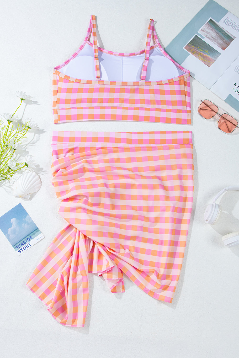 Pink Plus Size Plaid Print High Waist Bikini Set