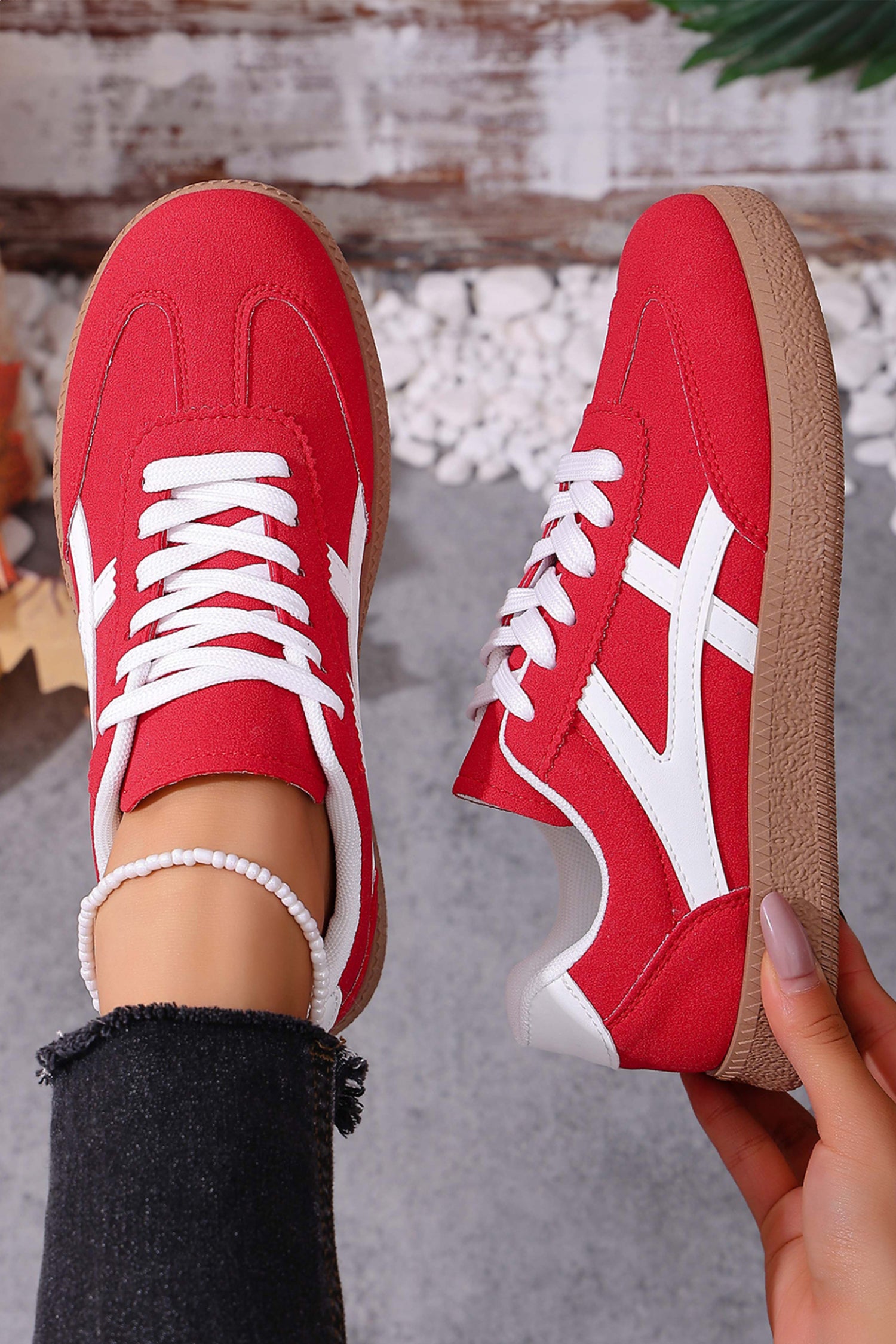 Coffee Faux Suede Contrast Patchwork Detail Lace Up Flat Sneakers