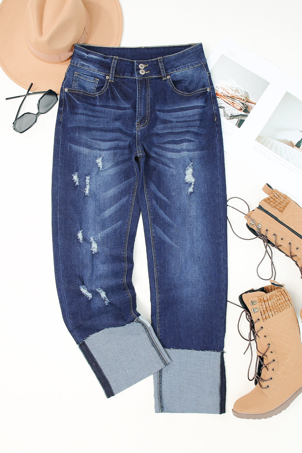 High Waist Distressed Straight Leg Jeans