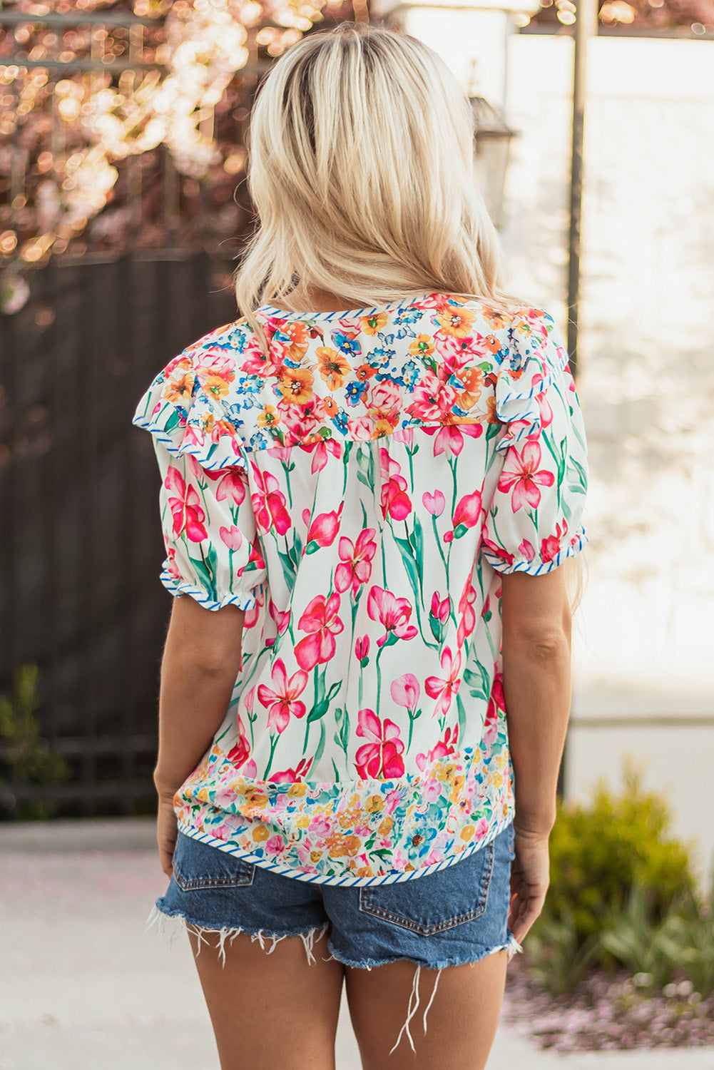 Pink Plus Size Floral Print Striped Trim V Neck Blouse