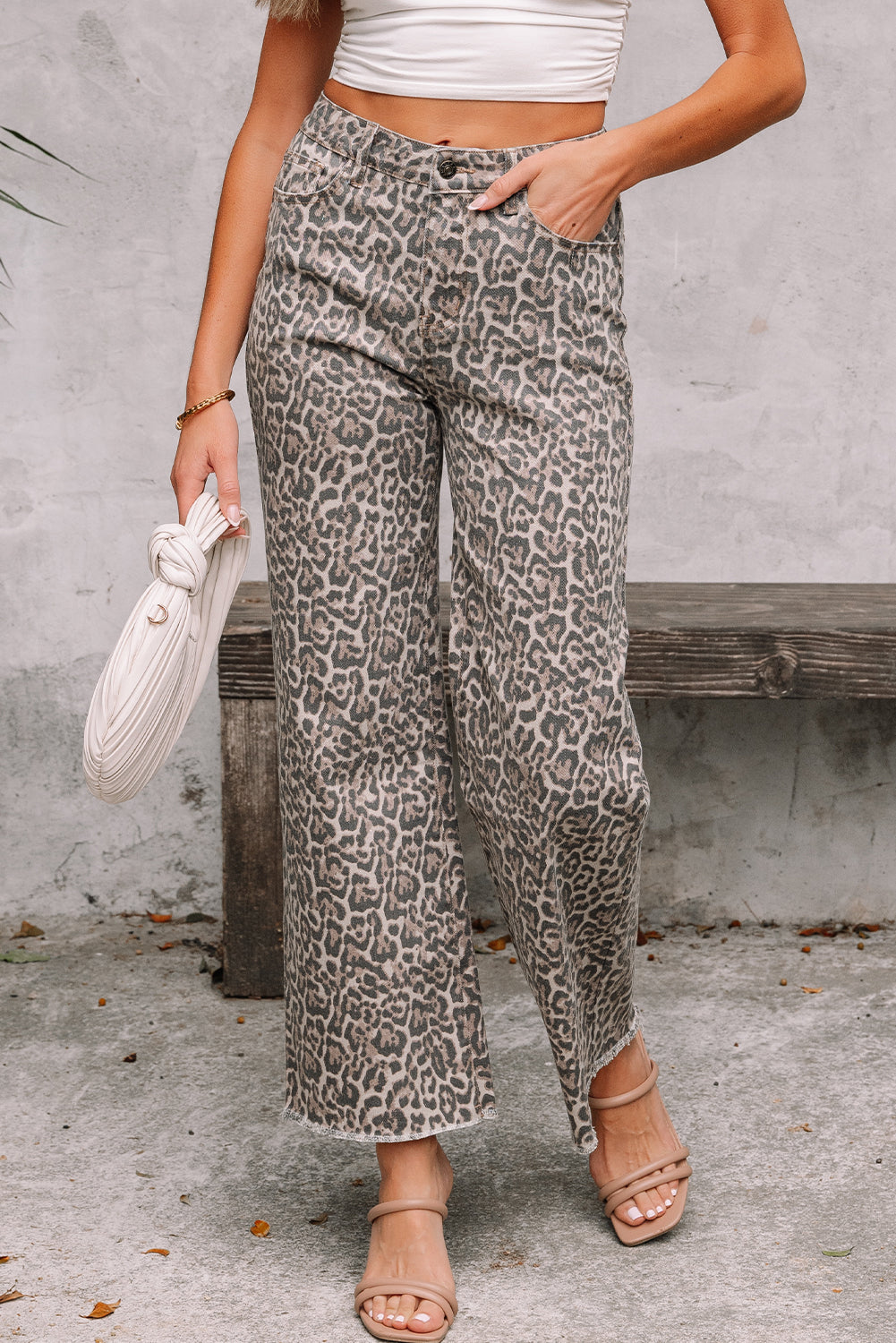 Rose Leopard Frayed Edge Wide Leg High Waist Jeans