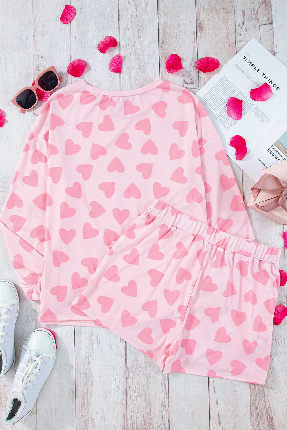 Black Valentine Heart Shape Print Long Sleeve Top Shorts Lounge Set