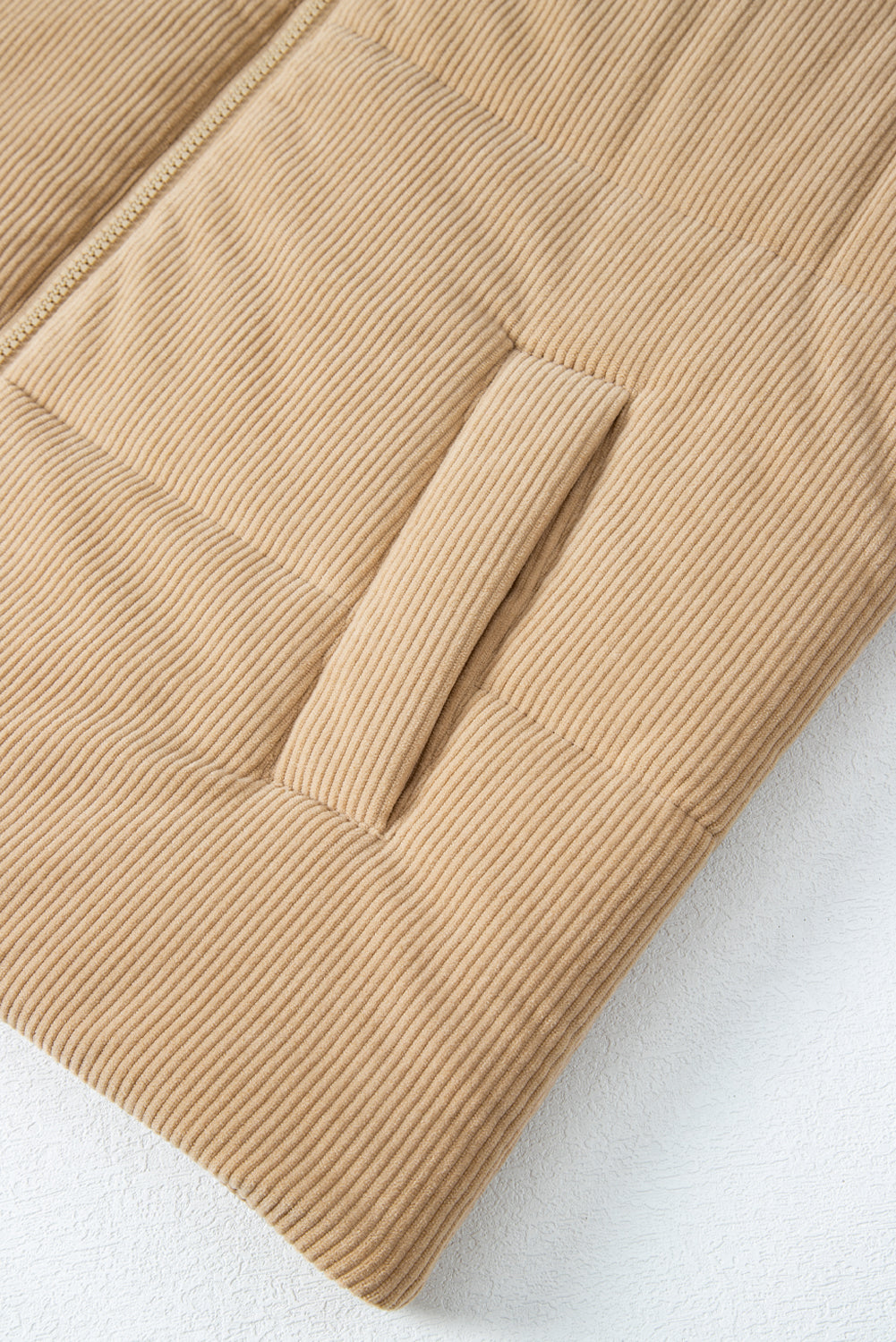 Beige Corduroy Stand Neck Zipped Puffer Vest