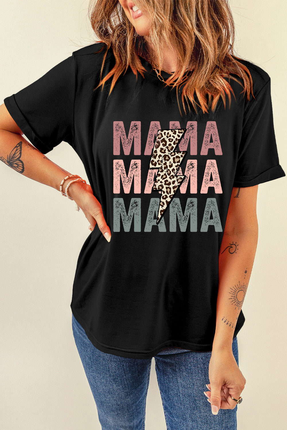 White MAMA Floral Block Graphic Casual T Shirt