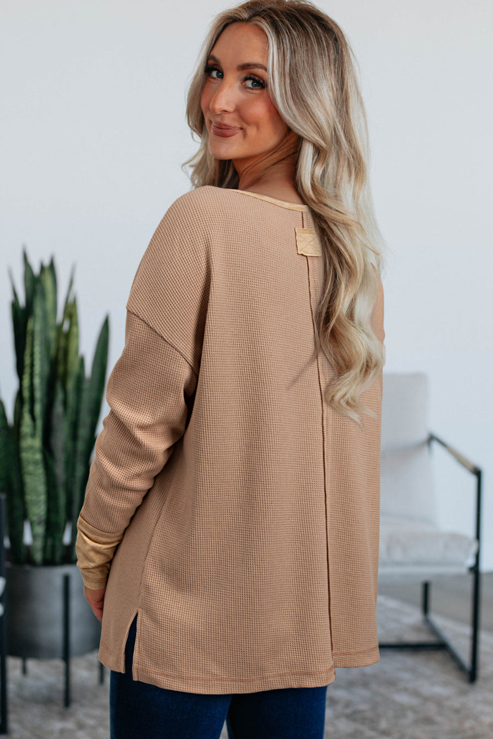 Vineyard Green Color Block Waffle Textured Tunic Henley Top with Slits