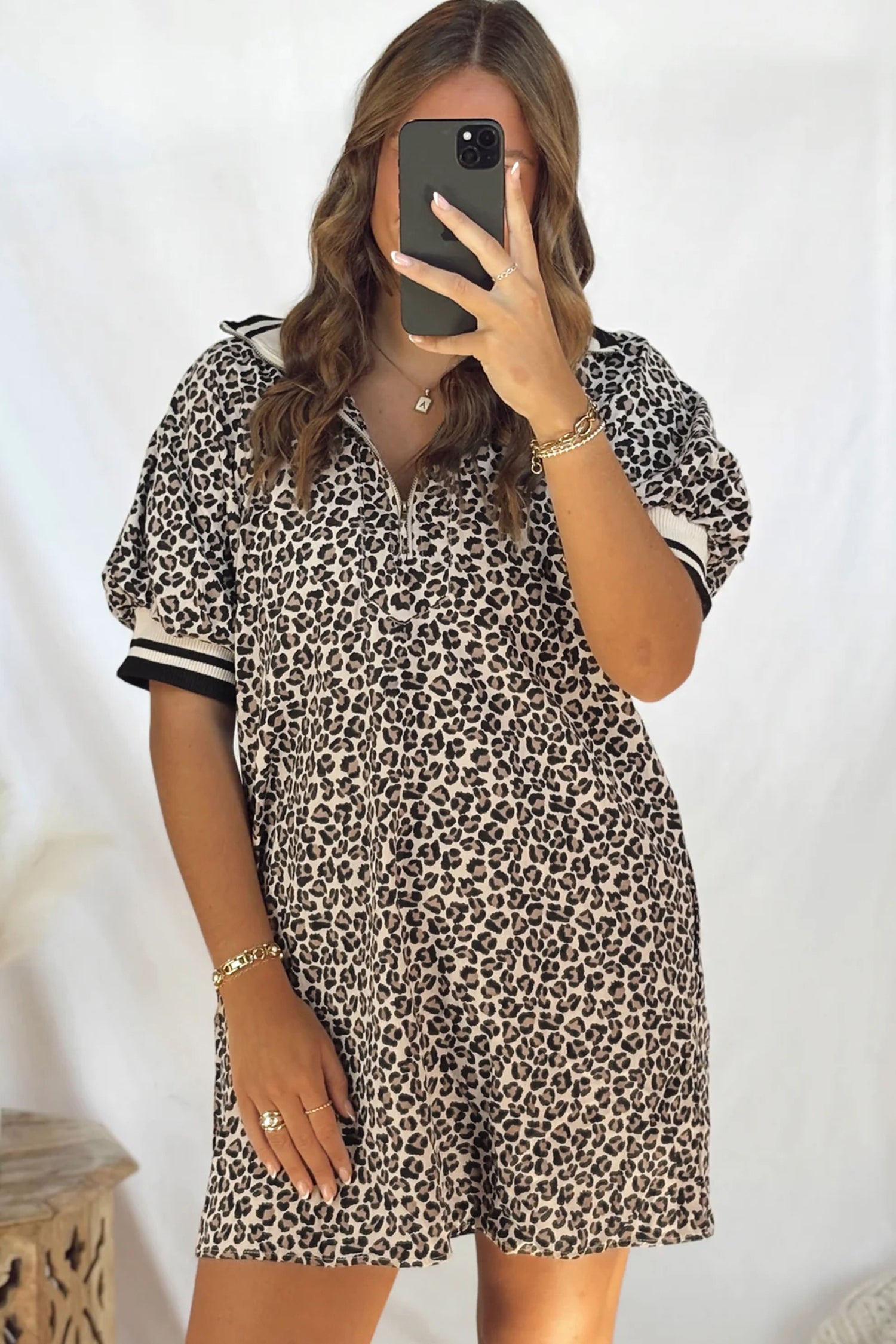 Brown Leopard Print Half Zip Striped Trim Patchwork Short Sleeve Top