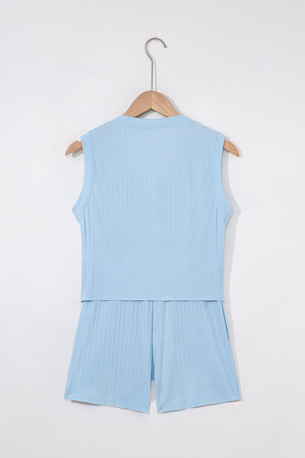 Mint Green Ribbed Button V Neck Tank Top and Shorts Set