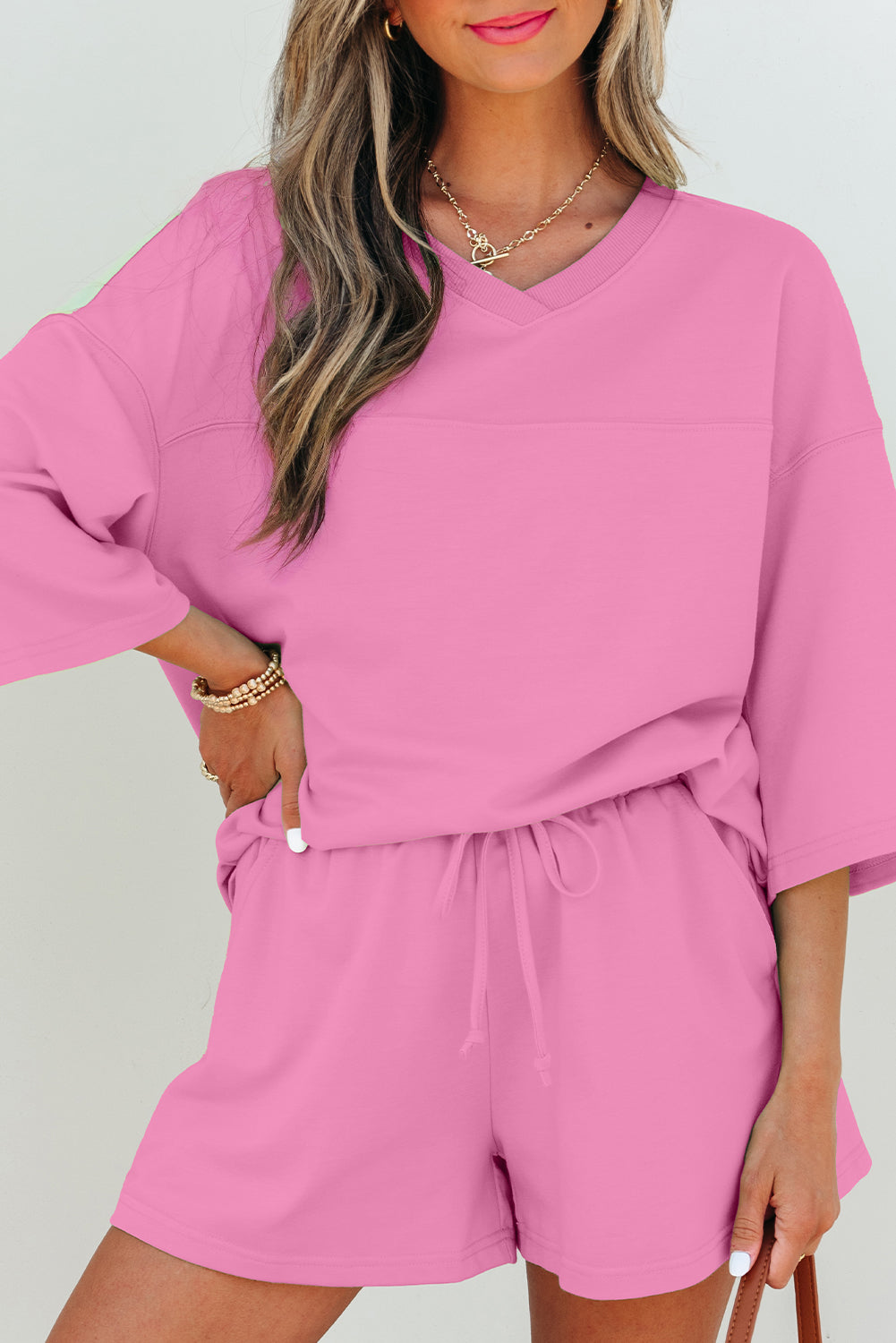 Meadow Mist Green Solid Loose V Neck Half Sleeve Tee and Shorts